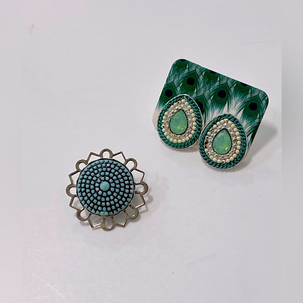 BROOCH AND TEARDROP EARRING 2 piece Set Teal Green, White and Silver Tone Pin - Picture 3 of 5